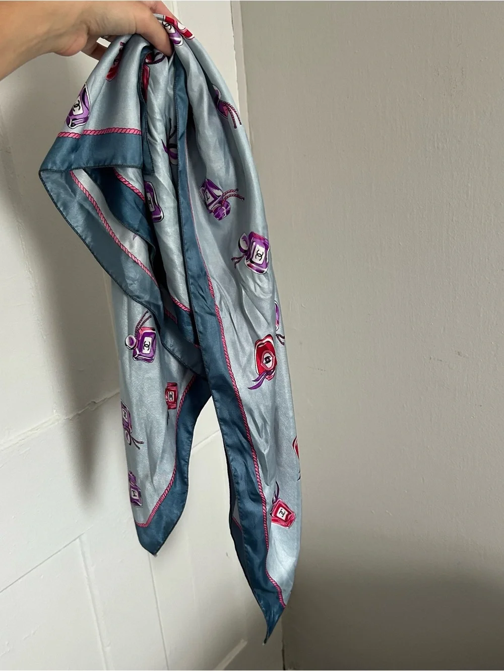 Chanel Light Blue Silk Scarf with Pink & Purple Perfume Motif